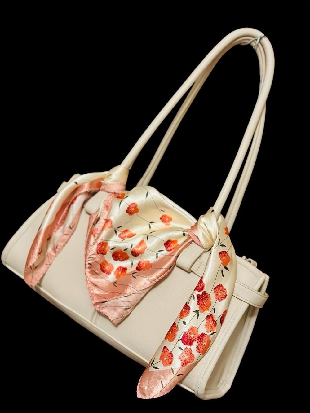 Cream Shoulder Bag with Floral Silk Scarf